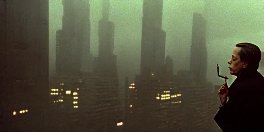 Image similar to beautiful cinematic film still of steve buscemi smoking a cigarette on a building top overlooking the rainy city in blade runner, 4 k