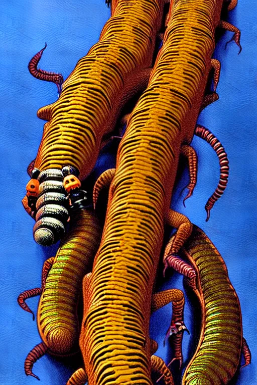 Image similar to a hyperrealistic painting of a freight train sized killer centipede, by chris cunningham and richard corben, highly detailed, vivid color,