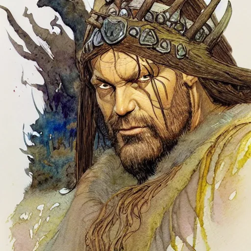 Image similar to a realistic and atmospheric watercolour fantasy character concept art portrait of urho kekkonen as a druidic warrior wizard looking at the camera with an intelligent gaze by rebecca guay, michael kaluta, charles vess and jean moebius giraud