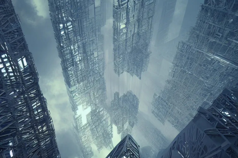 Prompt: a complex organic fractal 3 d iridiscent ceramic megastructure skyscraper, cinematic shot, foggy, photo still from movie by denis villeneuve