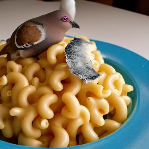 Prompt: pigeon made of macaroni and cheese