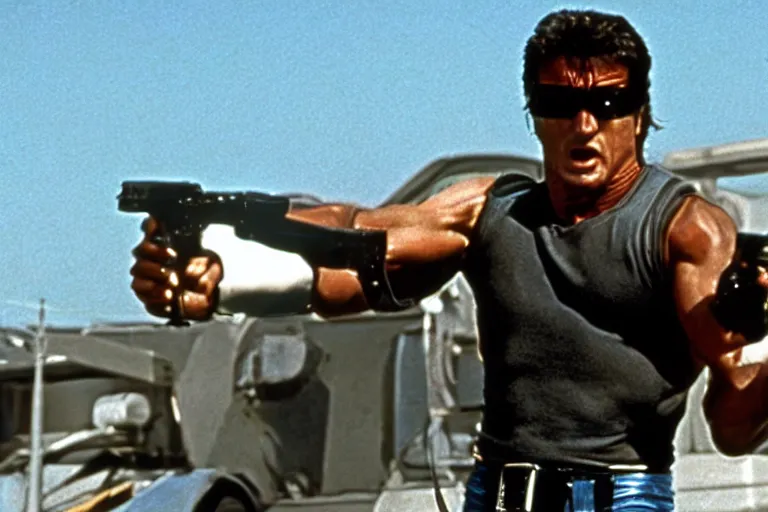 Image similar to a film still of Sylvester Stallone as the Terminator from the movie Terminator 2: Judgment Day (1991)