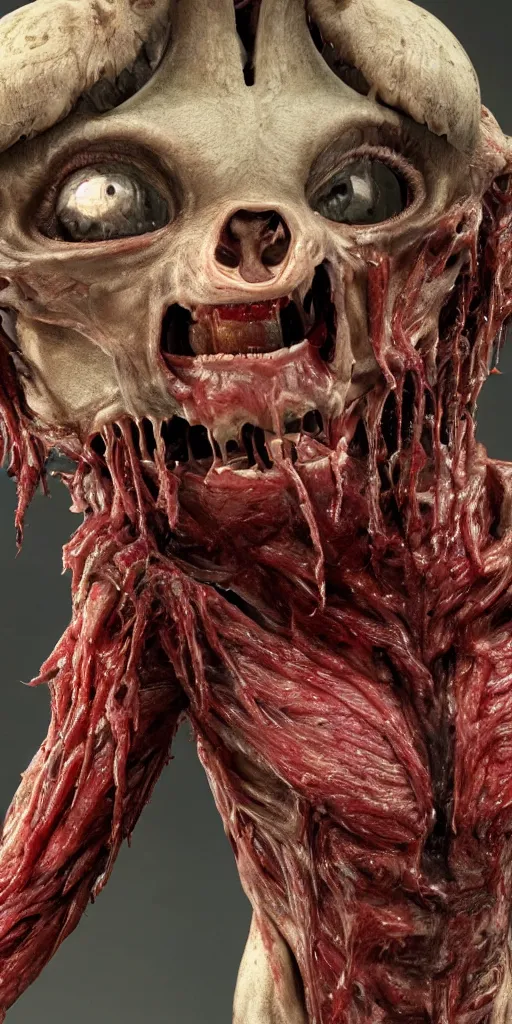 Image similar to smiling photorealistic ultra detailed humanoid creature made of decomposed bloody flesh and bones and fur, extremly detailed, 8 k, realistic, sharp focus, cosmic horror creature, cosmic horror, from the movie the thing, mysterious creature, bloody eyes, big eyes