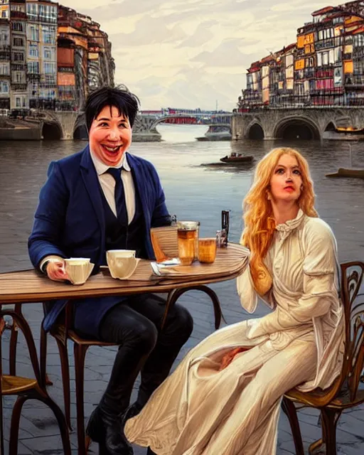 Image similar to Portrait of Michael Mcintyre & a blonde lady having coffee & croissants at waterfront in Porto,real life skin, intricate, elegant, highly detailed, artstation, concept art, smooth, sharp focus, art by artgerm and greg rutkowski and alphonse mucha