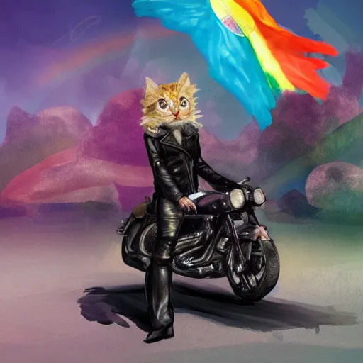 Image similar to wide angle full body, jacket wearing fluffy cute rainbow kitten wearing a black leather motorcycle jacket, riding on a motorcycle, cinematic concept art