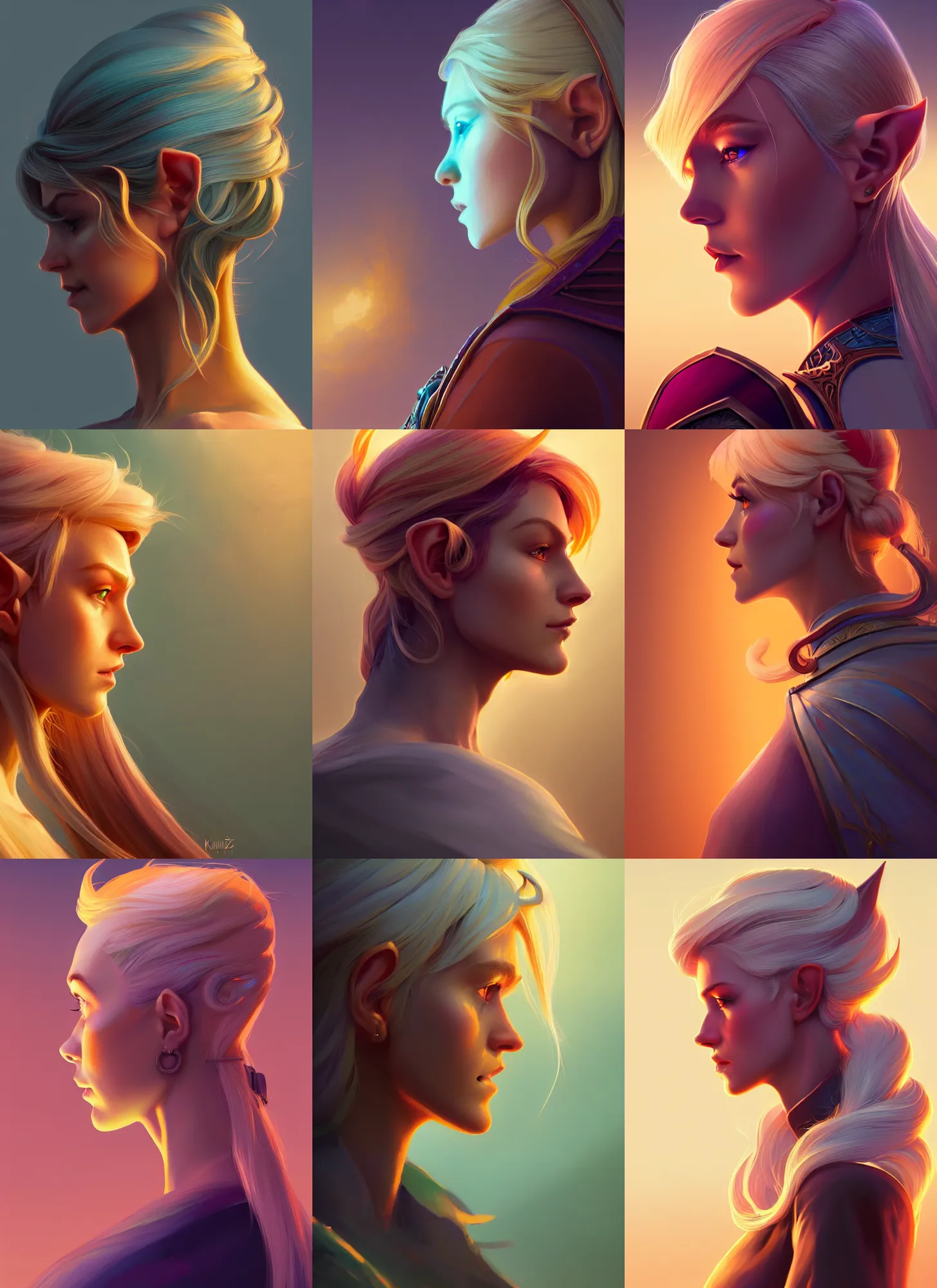 Prompt: side profile centered painted portrait, blonde elf ranger, oblivion, d & d, gloomhaven, matte painting concept art, art nouveau, beautifully backlit, swirly vibrant color lines, fantastically gaudy, aesthetic octane render, 8 k hd resolution, by ilya kuvshinov and cushart krentz and gilleard james