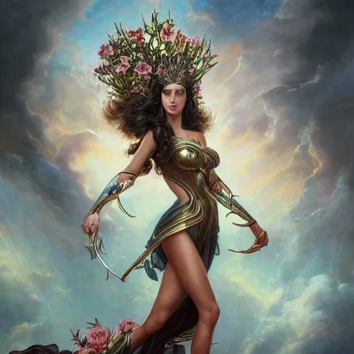 Image similar to fine art, long shot photo of the beauty goddess gal gadot, she has a crown of mesmerizing flowers, she is arriving heaven, background full of stormy clouds, by peter mohrbacher