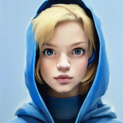 Image similar to greg manchess portrait of a beautiful teen girl with blonde hair, wearing a blue hoodie, as an overwatch character, medium shot, asymmetrical, swedish, cinematic lighting, window, profile picture, organic painting, matte painting, bold shapes, hard edges, street art, trending on artstation, by huang guangjian and gil elvgren and sachin teng