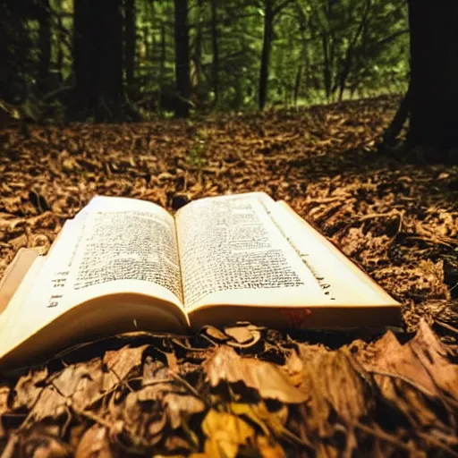 Prompt: book on the ground of the woods, horror, scary, dramatic lighting, shadows, monster