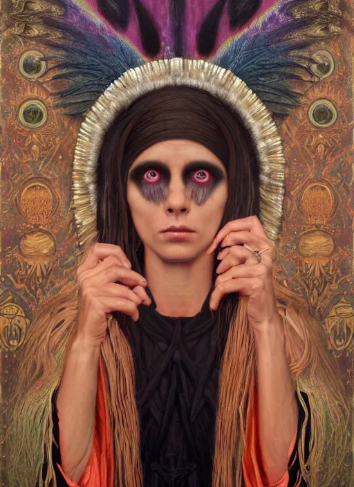 Image similar to acid tripping cult magic psychic woman, third eye, occult ritual, dark witch headdress, oil painting, robe, symmetrical face, greek dark myth, by John William Godward, Sean yoro, Anna Dittman, masterpiece