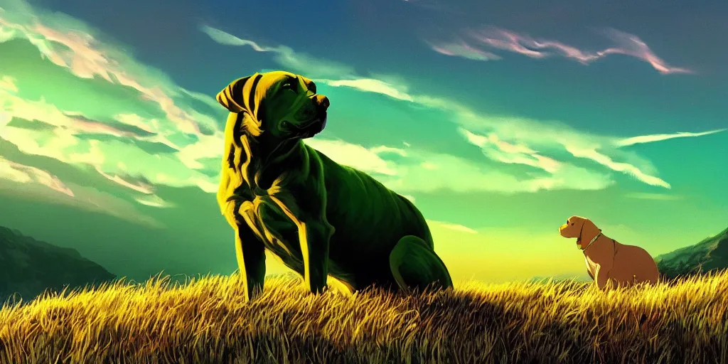 Prompt: hyperrealist, graphic novel illustration of a bulky green alien labrador retriever with shaggy green fur with green dye howlingon a grassy hill, dramatic sunset with red sky and fluffy clouds, pulp 7 0's sci - fi vibes, 9 0's hannah barbara fantasy animation, cinematic, movie still, studio ghibli masterpiece