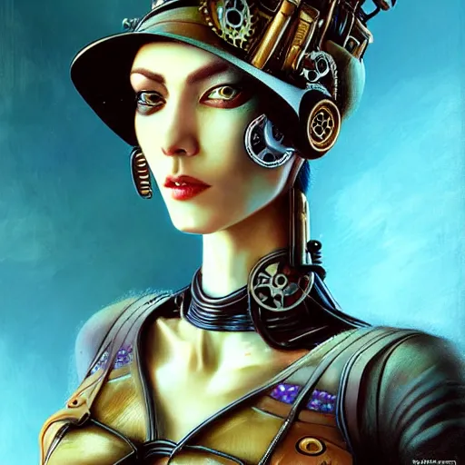 Prompt: close - up portrait of a beautiful female steampunk android in the style of karol bak, moebius