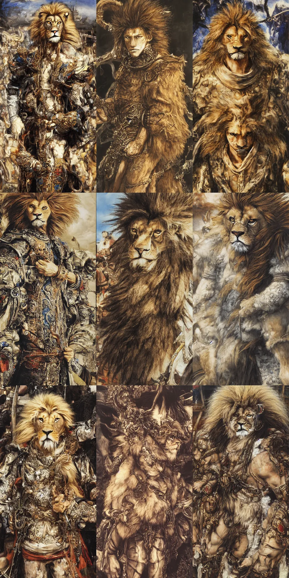 Image similar to 8 k yoshitaka amano painting of upper body of a young cool looking lion beastman with white mane at a medieval market at windy day. depth of field. he is wearing complex fantasy clothing. he has huge paws. renaissance style lighting.