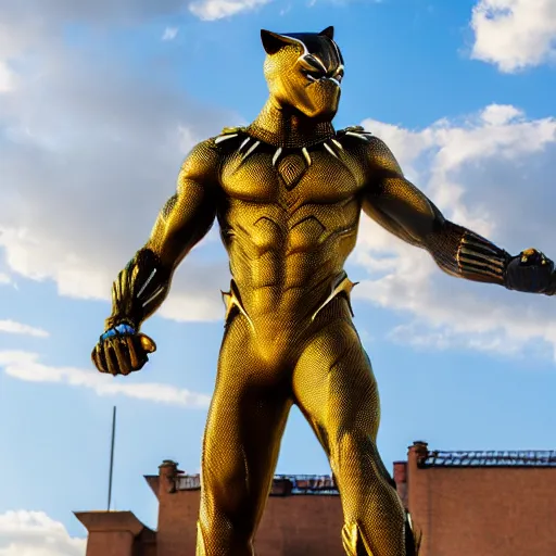 Image similar to a close up photo of a detailed golden statue of Black Panther, 8K,