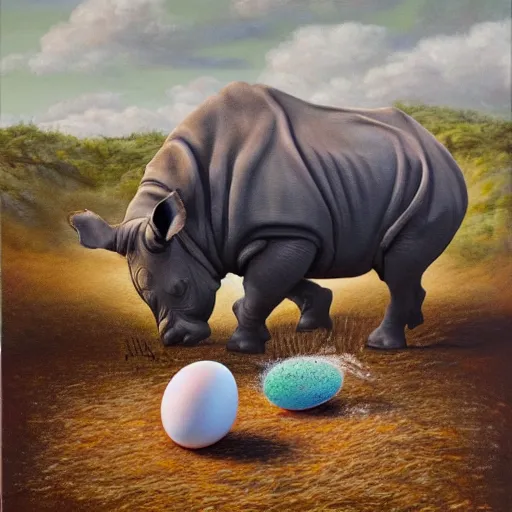 Image similar to oil on canvas of, rhinoceros hatching from an egg in hawaii