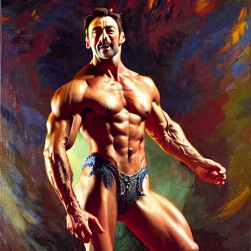 Prompt: muscular hugh jackman performs on broadway, painting by gaston bussiere, craig mullins, j. c. leyendecker, tom of finland