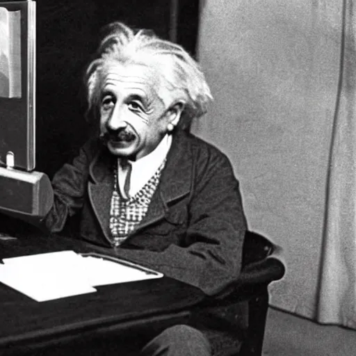 Image similar to vintage photo of albert einstein playing roblox, roblox shown on the computer, einstein pointing at the computer, circa 1 6 0 0, award - winning shot