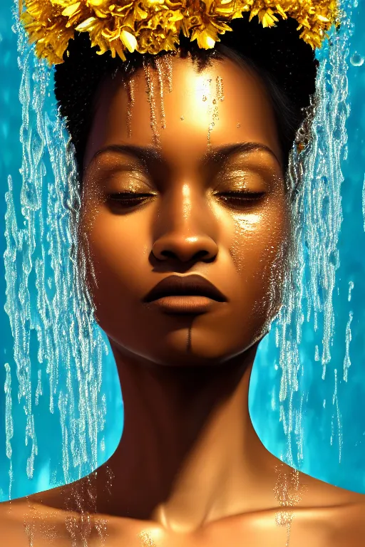 Image similar to hyperrealistic precisionist cinematic profile very expressive! black oshun goddess, ophelia in water!, mirror dripping droplet!, gold flowers, highly detailed face, digital art masterpiece, smooth eric zener cam de leon, dramatic pearlescent turquoise light on one side, low angle uhd 8 k, shallow depth of field