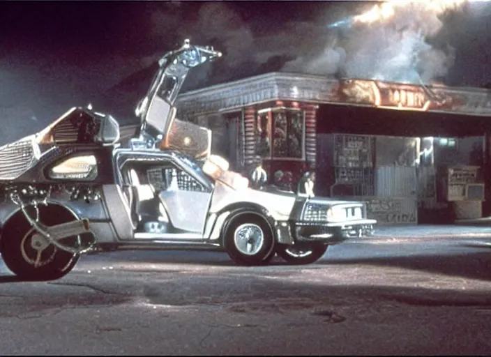 Image similar to screenshot from the iconic scene from the lost Back to the Future film directed by Martin Scorsese, cinematic lighting, unsettling set design with extreme detail, moody cinematography, with anamorphic lenses, crisp, detailed, 4k image, starring Marty Mcfly