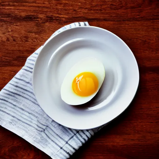 Image similar to a photograph of an egg, sitting on top a table, there is a table cloth with an ornate pattern. minimalistic,