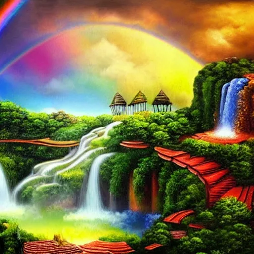 Prompt: fantasy world under the rainbow with terraced landscape and waterfalls beautiful detailed painting 4 k