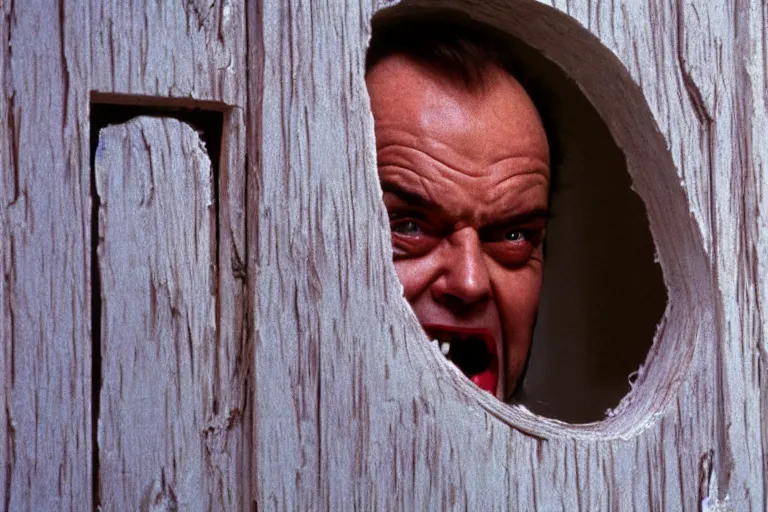 Image similar to A close-up portrait of Jack Nicholson's manic wide-eyed crazy face peeking through a hole in a torn wooden door, film still from The Shining by Stanley Kubrick, Eastman Color Negative II 100T 5247/7247, ARRIFLEX 35 BL Camera, 1:37:1 ratio