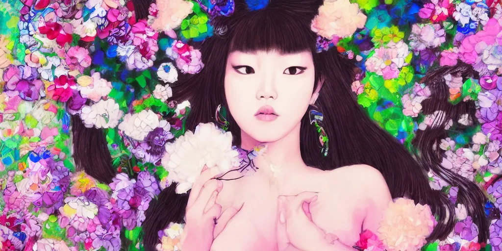 Prompt: a portrait of a very seductive Jennie Kim Blackpink, hair full of flowers, photoillustration, realistic, closeup, facing the camera, dramatic lighting, in the style of Takashi Murakami and Kim Deuk-sin and Okuda Genso
