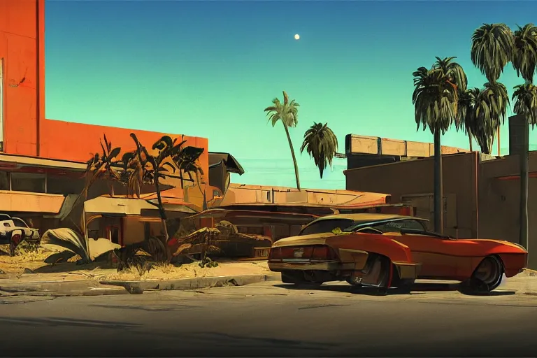 Image similar to broken robot | abandoned motel | palm trees | snowy mountains | moon in sky, painting by syd mead and weta studio and moebius and james jean and frank frazetta, gta san - andreas game screenshot, highly detailed, rule of third, soft lighting, architectural magazine, insanely intricate details, artstation trending, hypermaximalistic, high details, cinematic