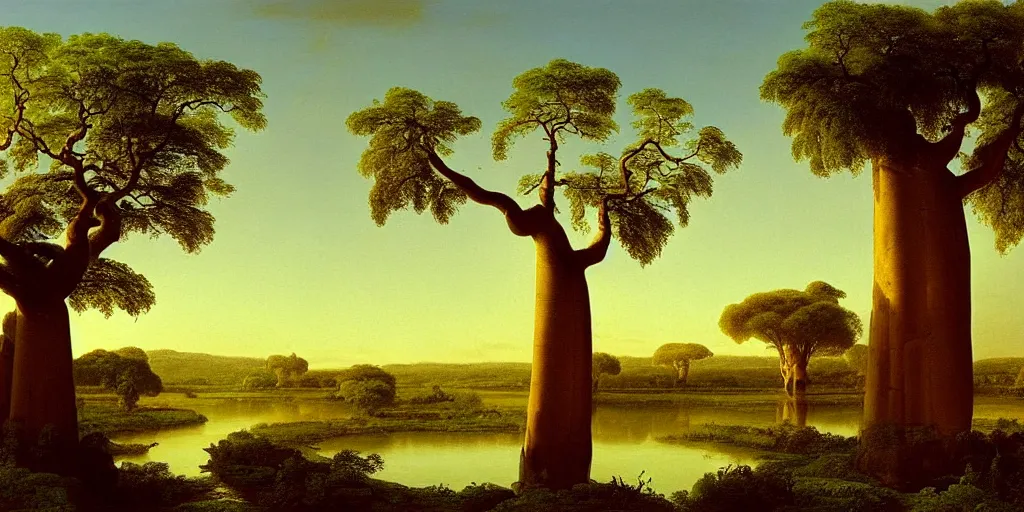 Image similar to landscape painting of a old baobab tree next to a meandering river by alexei savrasov and thomas cole, artstation