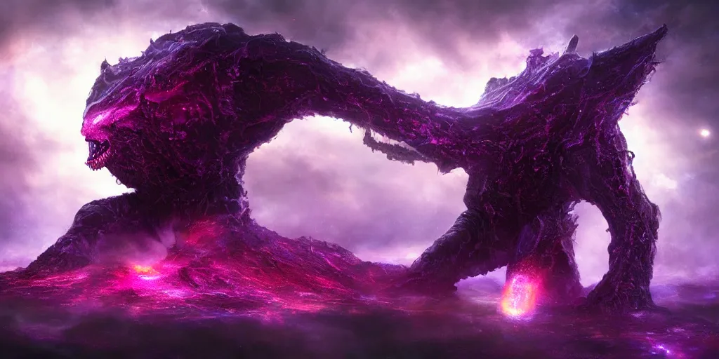 Image similar to Horrific cosmic beast consumes distant future city, megacity collapsing and imploding, beast emerging from timespace tear, cinematic lighting, PBR, hyperrealistic, oil painting, purple crimson color scheme