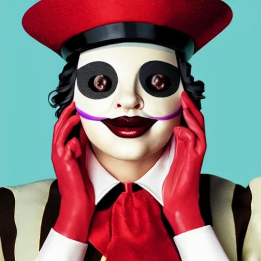 Image similar to the hamburglar as a beautiful woman, photo realistic, 8 k,