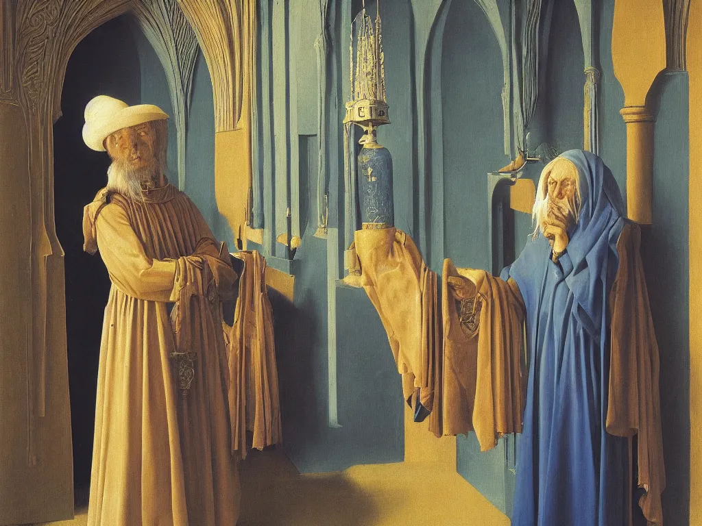 Image similar to Portrait of albino mystic with blue eyes in a mosque. Painting by Jan van Eyck, Audubon, Rene Magritte, Agnes Pelton, Max Ernst, Walton Ford