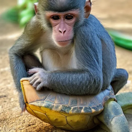 Image similar to a monkey sitting on the back of a turtle