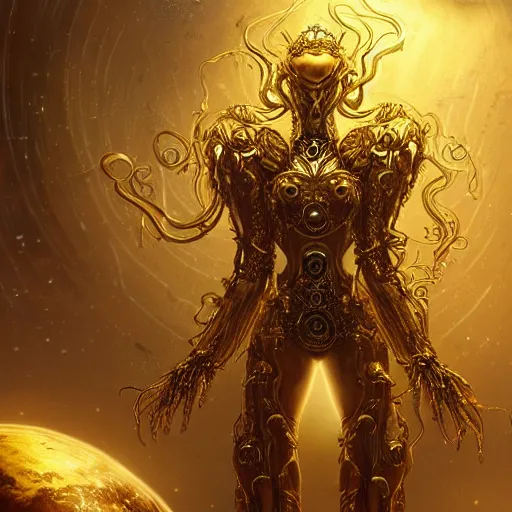 Prompt: corrupted lovecraftian golden humanoid queen standing next to a spaceship window overlooking earth, 8 intricate white and gold tentacles, ornate white and gold armour, fantasy, cinematic lighting, highly detailed, digital painting, artstation, concept art, smooth, sharp focus, illustration, warm light, cozy warm tint, magic the gathering artwork, volumetric lighting, 8k, no gold, no gold colours, art by Akihiko Yoshida, Greg Rutkowski