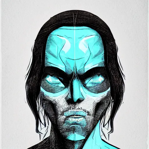 Image similar to character portrait, rogue, penned in cyan ink