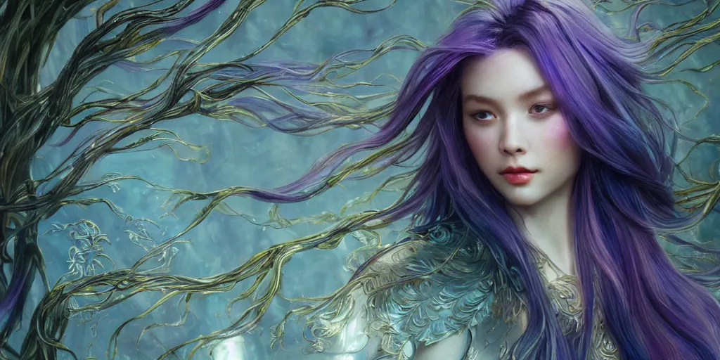 Prompt: wide angle, opulescent purple panther, metallic silver and ice color reflected crystal hair, leaping from willow tree, fantasy, intricate, very beautiful, elegant, golden light, highly detailed, digital painting, artstation, concept art, smooth, sharp focus, unreal engine, art by wlop and tian zi and alphonse mucha