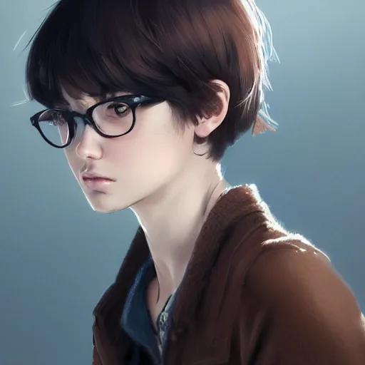 Prompt: portrait of a teenage girl with bangs, brown hair and bangs, round silver glasses with thin rims, wearing an oversized sweater, dramatic lighting, anime illustration by Greg rutkowski, yoji shinkawa, 4k, digital art, concept art, trending on artstation, アニメ, featured on pixiv
