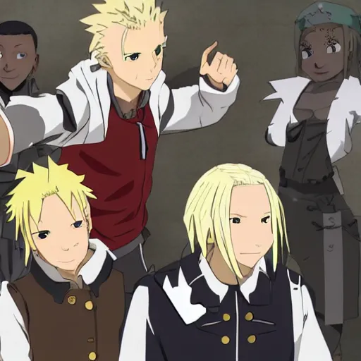 Image similar to young blonde boy fantasy thief in a tavern surrounded by dark skinned friends and light skinned friends, full metal alchemist, anime style