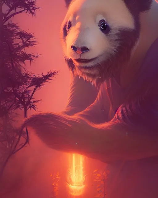 Image similar to highly detailed surreal vfx portrait of a sacred panda, stephen bliss, unreal engine, greg rutkowski, loish, rhads, beeple, makoto shinkai and lois van baarle, ilya kuvshinov, rossdraws, tom bagshaw, alphonse mucha, global illumination, detailed and intricate environment