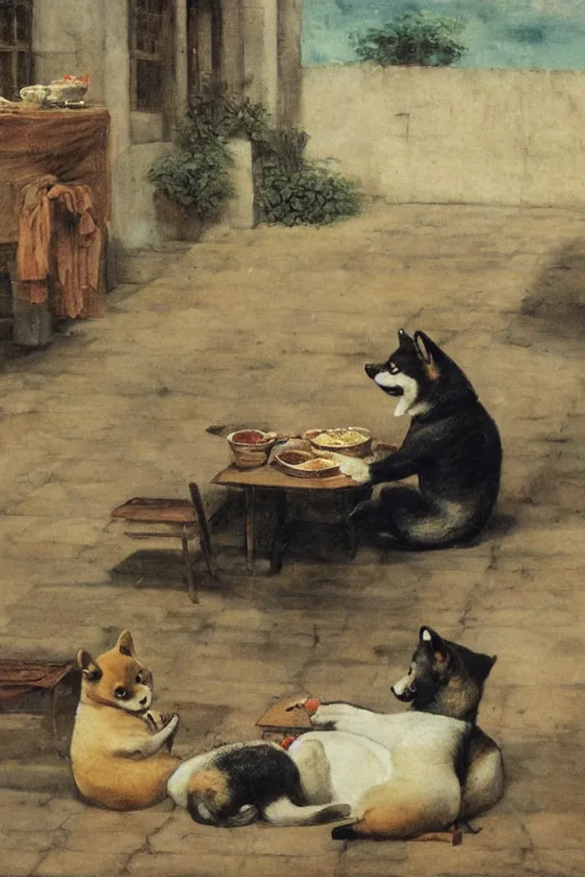 Prompt: a shiba inu eating lunch in colonial - era manila, in the style of juan luna, 8 k, highly detailed, artistic, romanticism art style