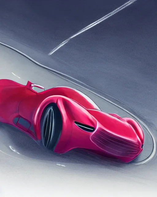 Image similar to raspberry shaped sports car on a racing track, highly detailed, concept art, scifi, futuristic, digital painting, sharp focus, trending on artstation, intricate, atmosphere, art by dean cornwall, wayne barlow