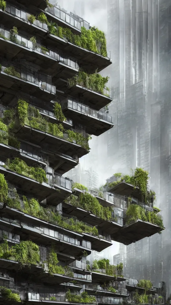 Prompt: photo in style of helen binet and piranesi. biopunk timber futuristic building in a urban setting. hyper realistic. cloudy morning. mossy buildings have deep tall balconies with plants, trees, and many men and women in bright clothing. thin random columns, large windows, deep overhangs. greeble. 8 k, volumetric lighting.