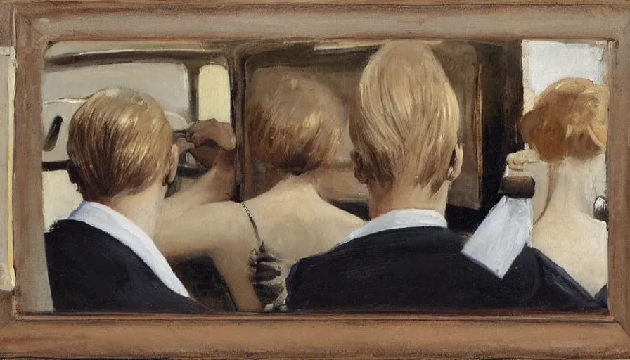 Image similar to painting by borremans, man back standing in front on the mirror and blond woman in cabriolet car sitting, detailed, stunning