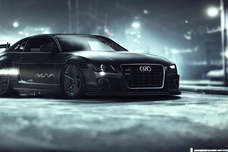 Image similar to widebody all black audi camaro b 8 ( 2 0 1 3 ), need for speed : carbon, at night, sci - fi, neon lines, phonk music background, smoke behind wheels, noise, dark, establishing shot, by simon stalenhag