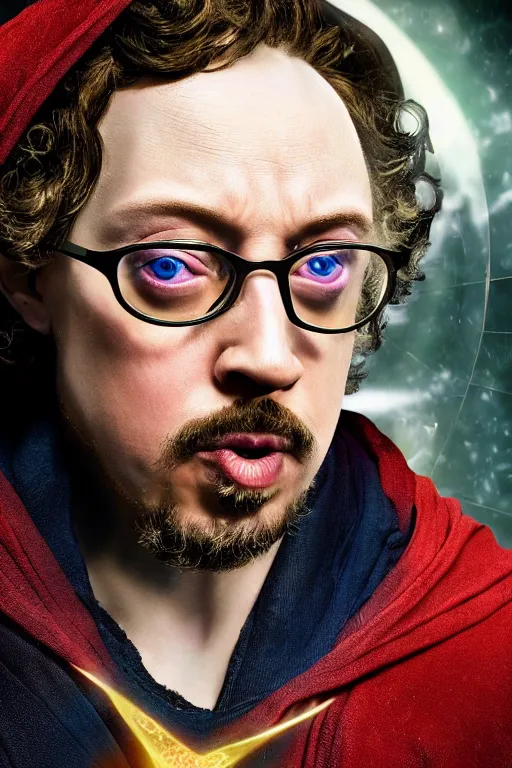 Image similar to A still of Sam Hyde in Dr. Strange Multiverse of Madness, close-up, sigma male, rule of thirds, award winning photo, unreal engine, studio lighting, highly detailed features, raining, ethereal lighting