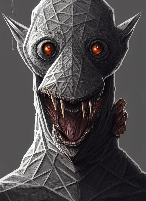 Image similar to anthropomorphic triangle head in edgy darkiron mr teddy mr. bean, intricate, elegant, highly detailed animal monster, digital painting, artstation, concept art, smooth, sharp focus, illustration, art by artgerm, wayne barlowe, trending on artstation and greg rutkowski and alphonse mucha, 8 k