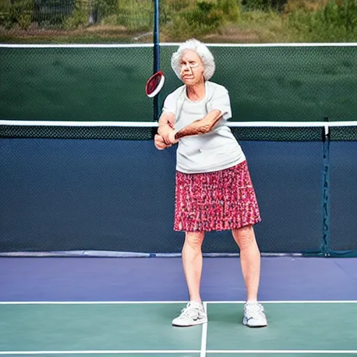 Prompt: photo of elderly woman swinging a pickleball racket, action shot, sports illustrated cover