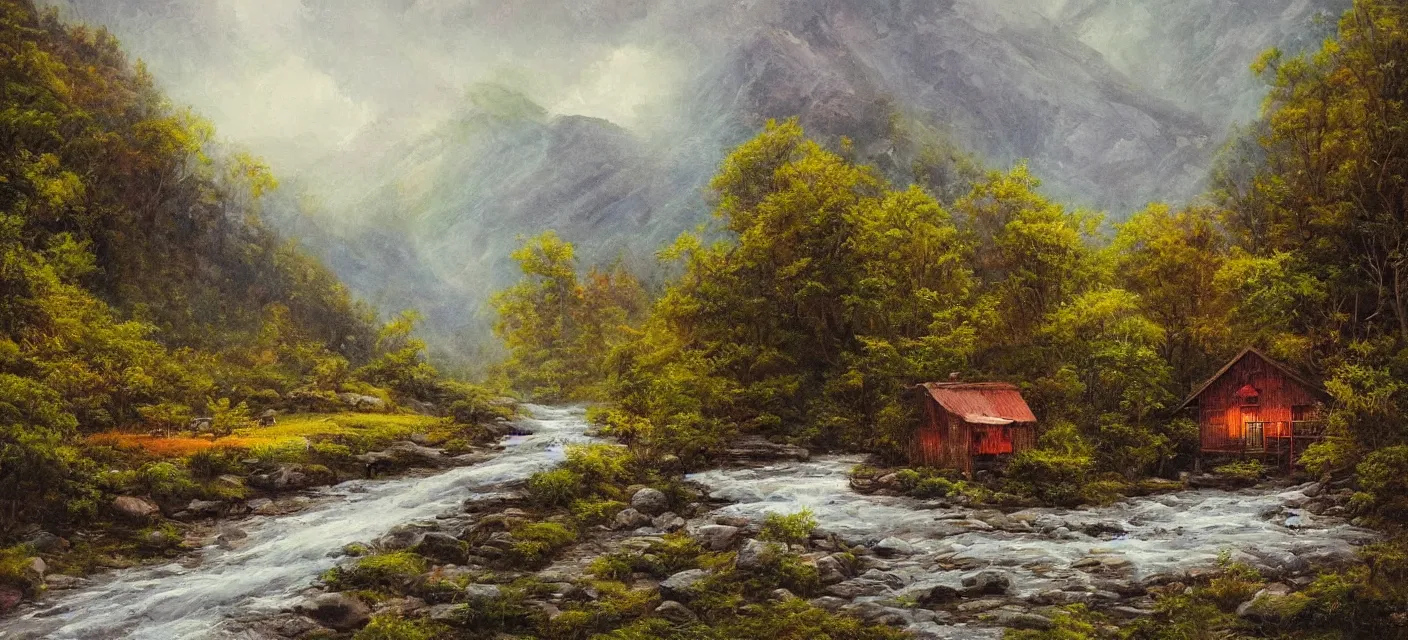 Prompt: a river running past a cozy cabin in mountain side, monsoon, classic painting, award winning, highly detailed