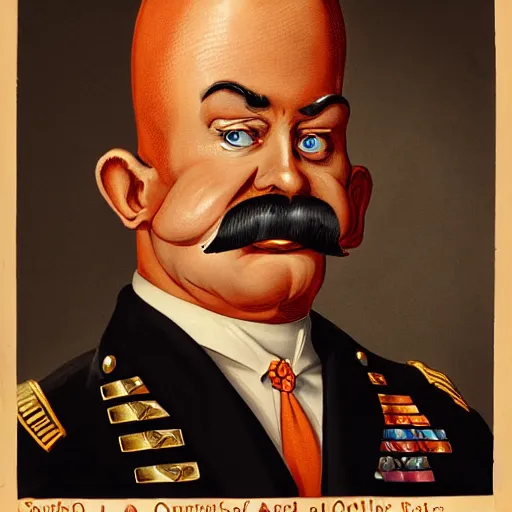 Prompt: a caricature of an angry south-americam muscular army general wearing a golden ring on his head, thick mustache, bald, orange skin, pear-shaped skull with the thicker part at the bottom, high-quality digital art