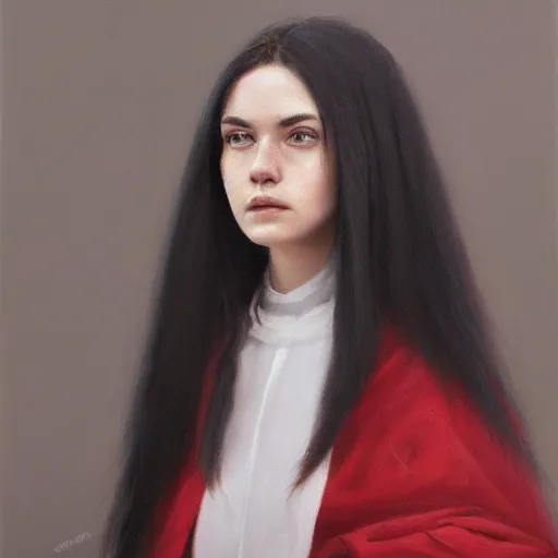 Image similar to An oil painting of a girl dressed in priest robes, 23 years old, (chad jaw line), long black hair, sharp facial features, beautiful, highly detailed, by Cédric Peyravernay, trending on artstation